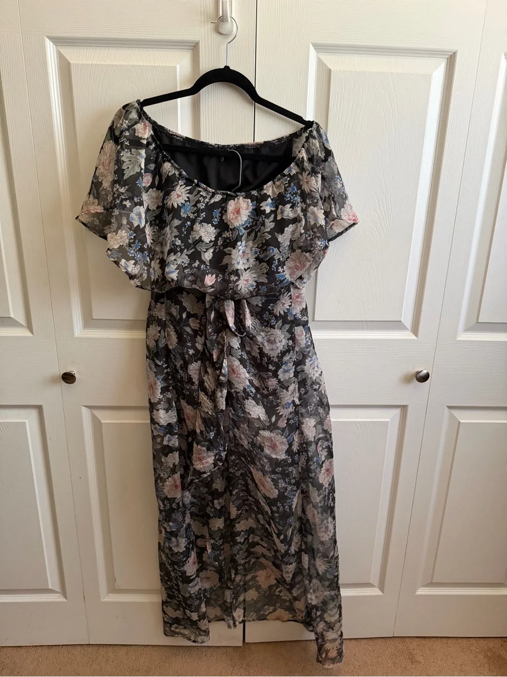 Windsor Two Piece Floral Off-Shoulder Top with Maxi Skirt in Black and Blush